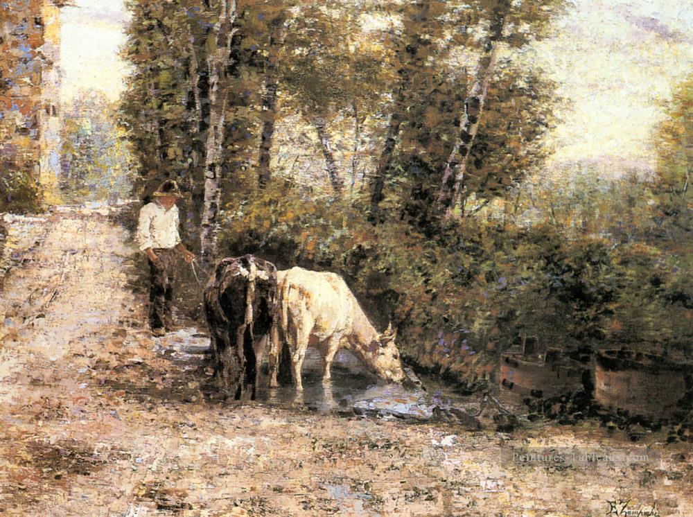 Vaches d’arrosage à un pays de piscine tranquille Eugenio Zampighi Peintures à l'huile